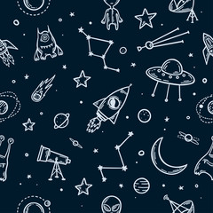 Space elements hand drawn seamless pattern. Vector illustration.