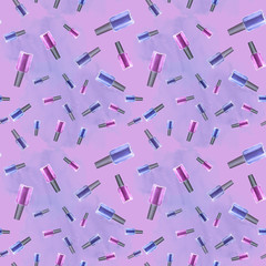 Watercolor seamless pattern with nail polish and tools. Hand drawn illustration.