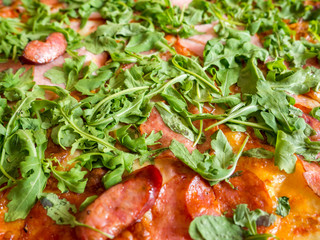 close up tasty salami pizza with rucola