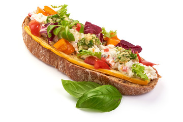 Bruschetta with cottage cheese, zucchini, tomatoes, garlic, Radicchio salad. Spanish Tapas and Pinchos, isolated on white background