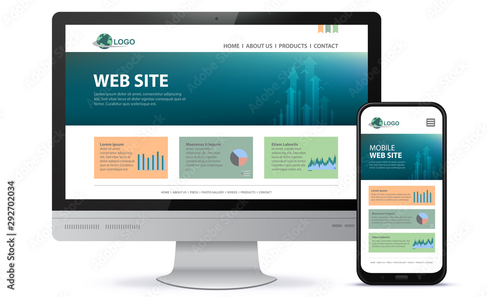 Poster Responsive Website Design With Desktop Computer Screen and Mobile Phone Vector Illustration.