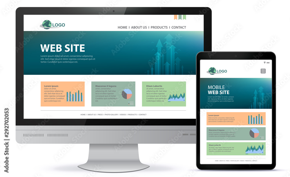 Poster responsive website design with desktop computer screen and tablet computer vector illustration.
