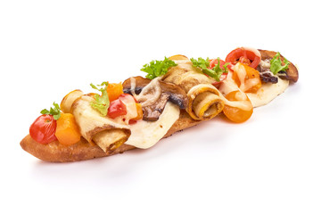 Spanish Tapas and Pinchos with cottage cheese, tomatoes, champignon mushrooms, zucchini and herbs, Italian Bruschetta, isolated on white background
