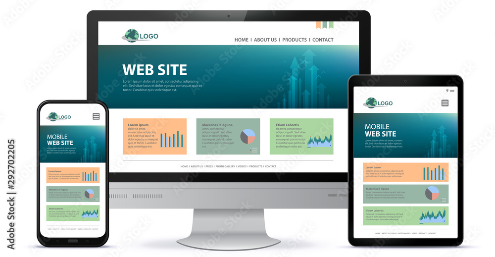 Poster responsive website design with desktop computer screen, mobile phone and tablet pc vector illustrati