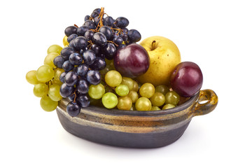 Sweet fresh juicy fruits, apples, grapes, grapefruit, isolated on white background.
