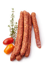 Smoked pork sausages, isolated on white background