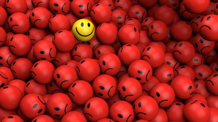 One yellow happy smiley between many red spherical sad others as concept for unique, optimistic, positive, difference 3D rendering