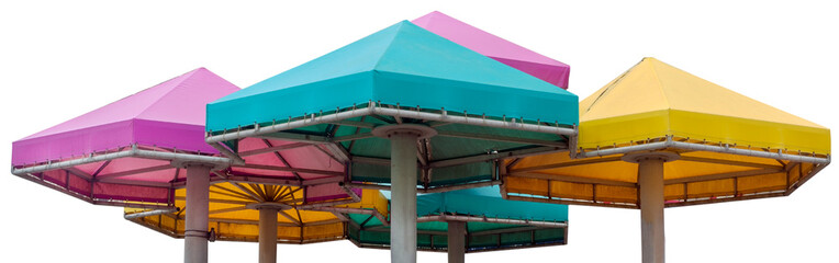 Colorful blue, yellow and pink isolated canopies.