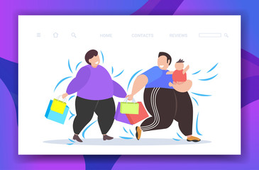 fat obese men with child holding shopping bags overweight guys with little kid walking together big sale obesity concept full length horizontal copy space