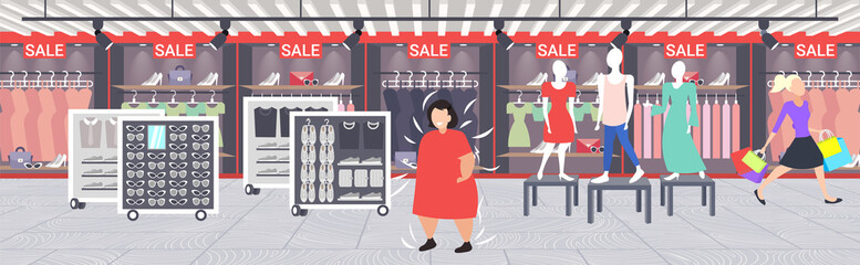 fat obese woman choosing new dress in fashion shop over size girl visiting female clothes market obesity concept shopping mall boutique interior full length horizontal vector illustration