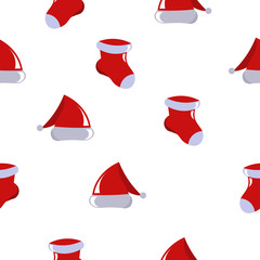 Pattern for new year and Christmas. Santa Claus accessories, hat and sock for gifts.