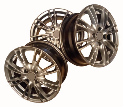 New Cast Silver Car Wheels On White Background