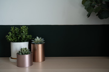 Bedroom working corner decorated with white marble pattern ceramic vase and artificial plant in copper and pink golds vase on deep green painted wall/apartment interior detail /copy space / modern sty