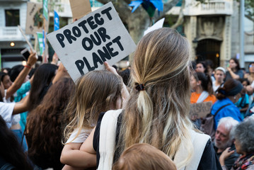 Barcelona, Catalonia. Thousands of people took to the streets as part of the worldwide movement. Global Climate Strike, international, protests and action against climate change.  - obrazy, fototapety, plakaty