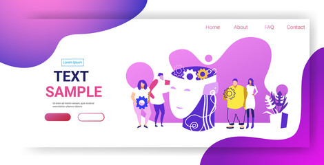 businesspople team near human head with cogwheel brainstorming process creative idea business development concept colleagues working together sketch horizontal full length copy space