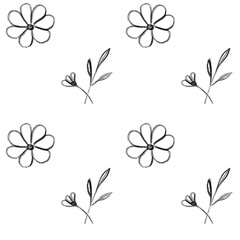 Seamless pattern of simple gray monochrome flowers and leaves. Botanical print. Decorative hand drawing background.