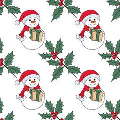 Christmas seamless pattern with snowman, fir trees and snowflakes. Perfect for wallpaper, wrapping paper, pattern fills, winter greetings, web page background