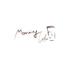 Handwritten text morning coffee, cup of coffee. Hand drawn and calligraphic design elements. Vector