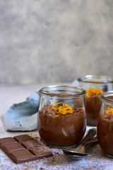 Homemade delicious chocolate mousse with orange.