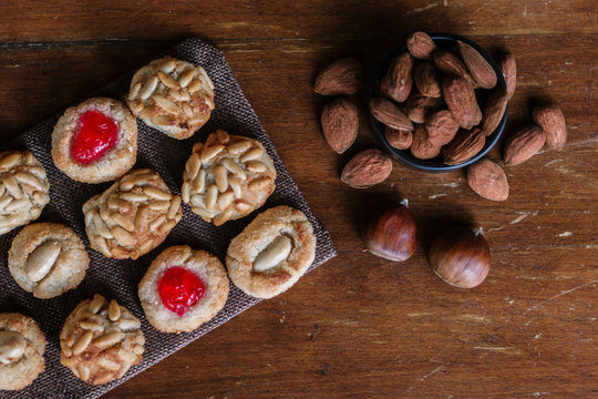 Some typical catalan panellets with almonds and chesnuts, typical desert in Catalonia at All Saint's Day.