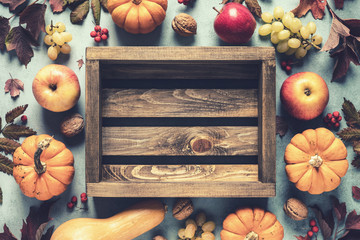 autumn background of fall leaves and pumpkins and variety harvest fruits and blank space for a...
