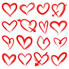 Hand drawn red hearts. Rough doodle drawn heart valentines day symbols vector collection