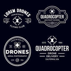 Obraz premium Set of drone logos, badges, emblems and design elements. Quadrocopter flying club, delivery logotypes.