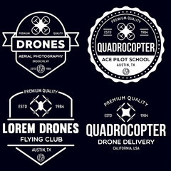 Fototapeta na wymiar Set of drone logos, badges, emblems and design elements. Quadrocopter flying club, delivery logotypes.