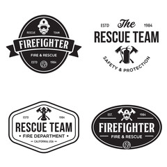 Obraz premium Set of firefighter volunteer, rescue team emblems, labels, badges and logos in monochrome style.