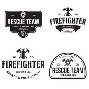 Set of firefighter volunteer, rescue team emblems, labels, badges and logos in monochrome style.