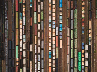 Aerial drone photography of train tracks, logistics cargo.