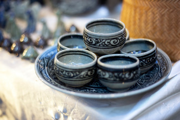 Small vintage cup or bowl tea set with ancient pattern asian style.