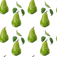 set of pears isolated on white background. Hand painted watecolor pear endless texture. Seamless pattern with botanical elements. Realistic fruit
