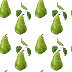 set of pears isolated on white background. Hand painted watecolor pear endless texture. Seamless pattern with botanical elements. Realistic fruit