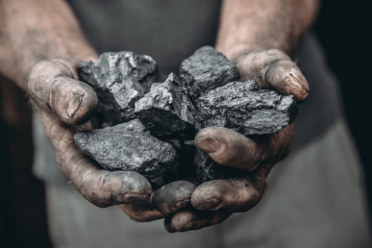 Miner dirty hands hold coal. Concept industry mining
