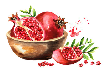 Fresh ripe pomegranate fruit in the bowl. Watercolor hand drawn illustration, isolated on white background