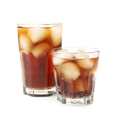 Glasses of cold cola on white background