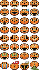 Thirty-two Halloween Emoji pumpkin jackolantern icons for social media