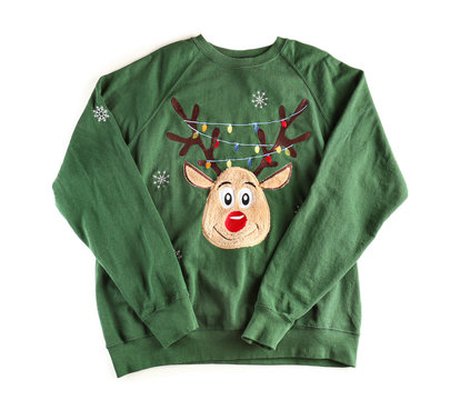 Funny Christmas sweater on white background