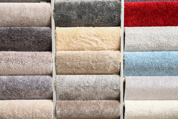 Different samples of carpets in shop