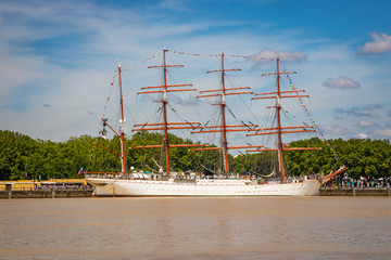 Sedov, a four-masted barque moored to the quays of the Garonne River during the 