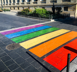LGBT pedestrian crossing in the streets of Bordeaux for the Gay Pride Month