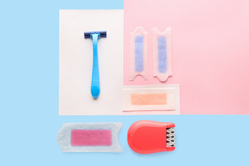 Set for hair removal on color background