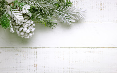 Christmas tree branch and pine cone in snow on a white wooden background. Winter festive concept....