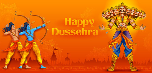 illustration of Lord Rama and Ravana in Dussehra Navratri festival of India poster