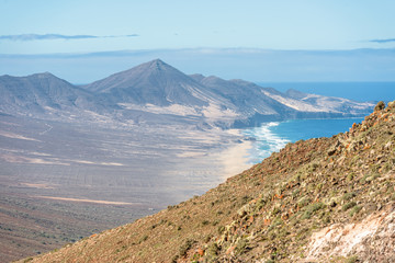 Panoramic view of the Fuerteventura coastline. Taken from the hills of Jandia