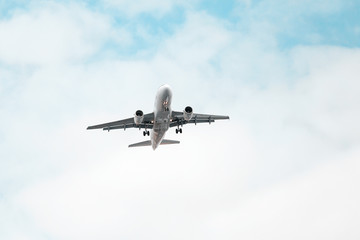 Fototapeta na wymiar White Airplane landing, bottom view