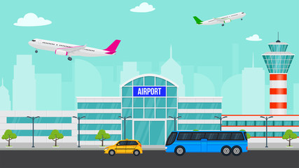Royalty-free stock vector ID: 1174199608 Vector airport illustration with a plane takes off. Flat airport concept and city landscape. Taxi and bus near airport. Passengers coming to airport by bus and