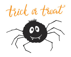 Halloween greeting card design. Cute spider cartoon hand drawn doodle, Trick or treat lettering vector illustration