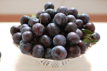 blue plums from his garden on a wooden table